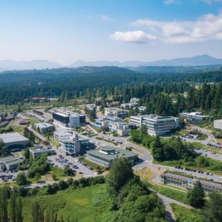 An aerial view of the Nanaimo campus on a sunny day with blue sky.