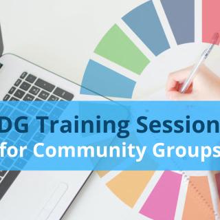 Graphic of laptop and colour wheel with the text, SDG Training Sessions for Community Groups.