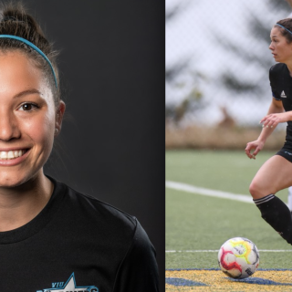 Split screen shot of Shea Battie smiling for a profile photo on the left, and in action on the turf on the right