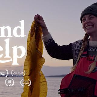 Frances Ward holds up seaweed and text across the image reads, Send Kelp