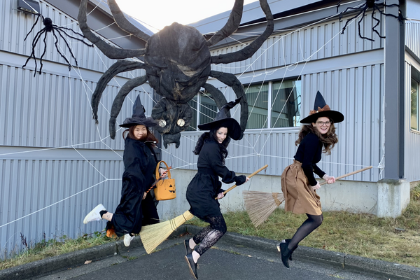 Three women on witches who look like they are flying with a large spider behind them.