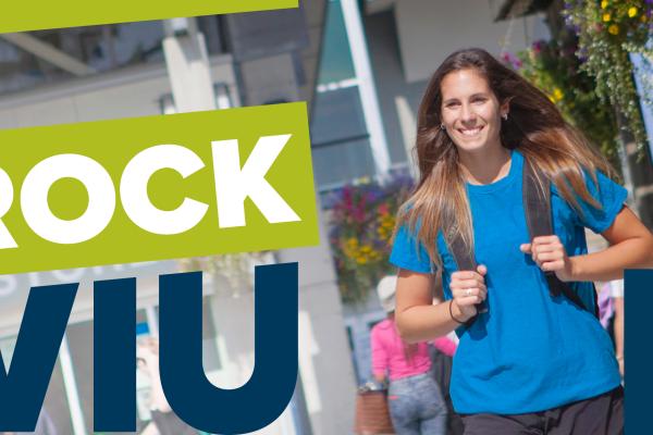 Rock VIU logo with girl walking with backpack