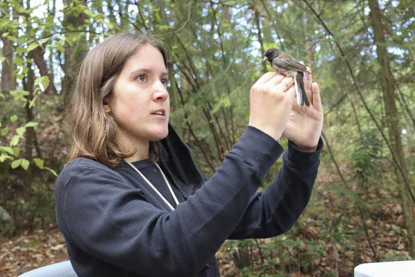 Samuelle Simard-Provençal holds a small bird in her hands.