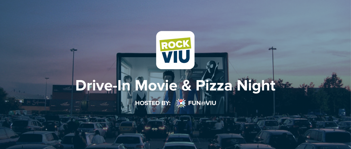 A large outdoor movie screen with the text Drive-In Movie & Pizza Night written across it.