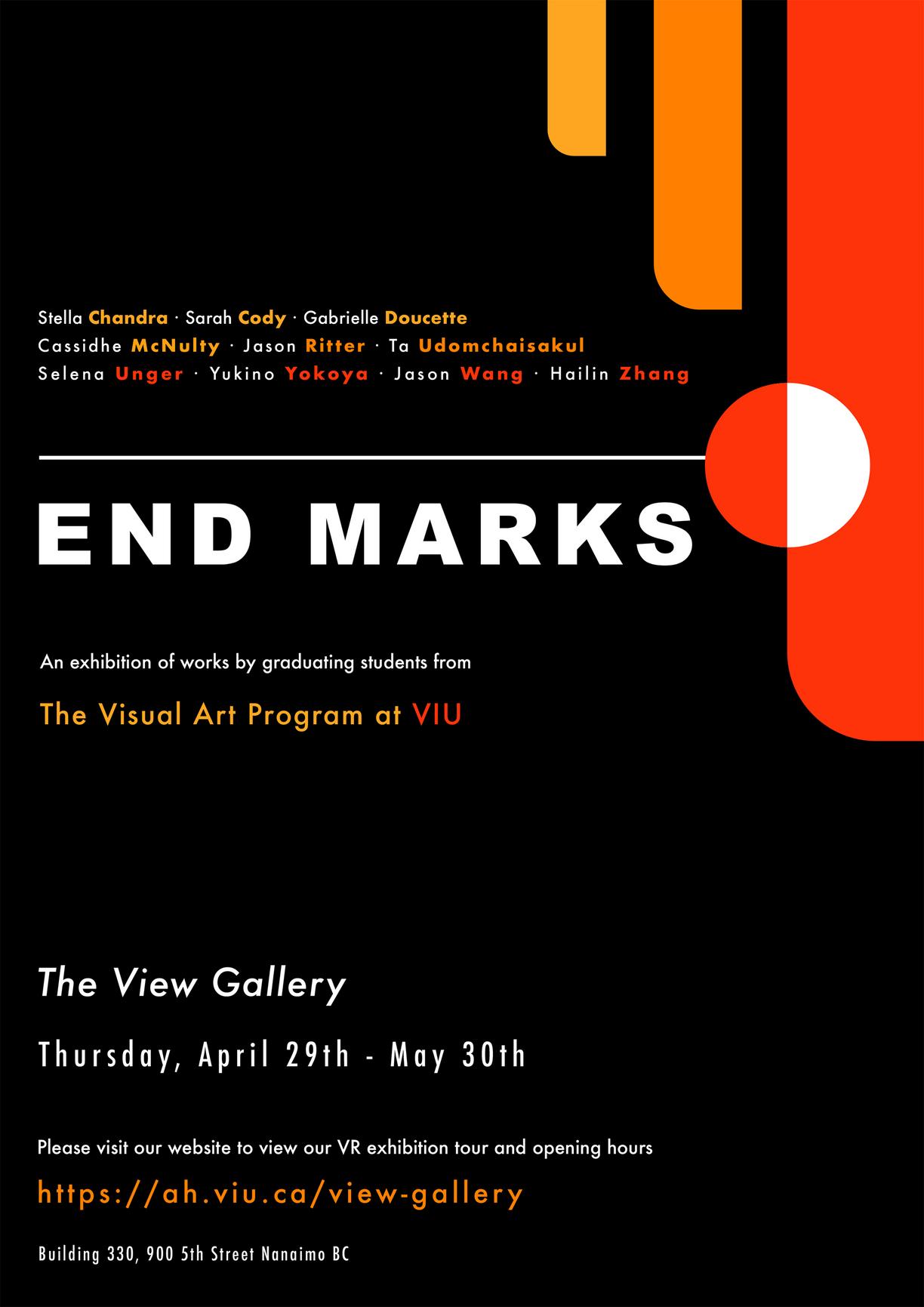 A yellow, orange and red line descend from the top right corner over a black background on exhibit poster for End Marks