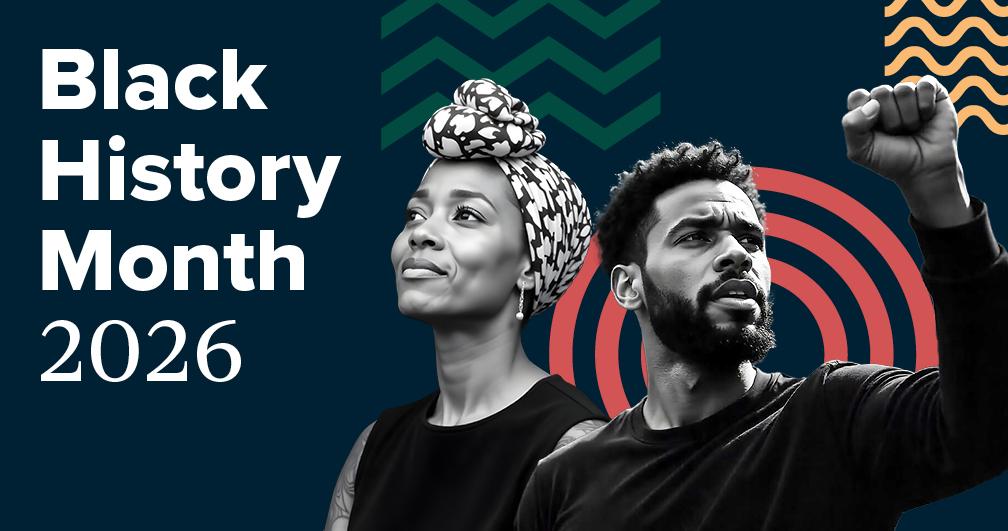 Two Black individuals, one raising an arm, with "Black History Month 2026" written on the left