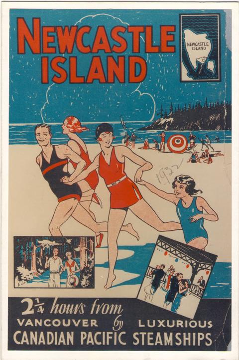 Postcard: text reads Newcastle Island Canadian Pacific Steamships. Illustrations shows a family running along a beach.